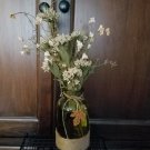 Green Glass Bottle, Jute & metal leaf w/mixed cream fall flower and glass rocks