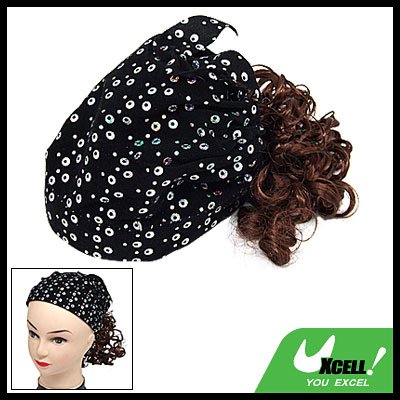 Stylish Girls Black Cap Hat Curly Brown Hair Piece Wig