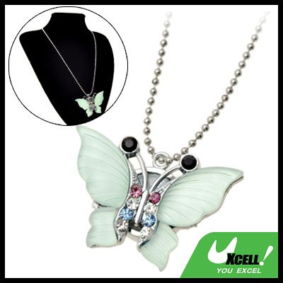 Fashion Jewelry Rhinestone Green Crystal Butterfly Pendant Sweater Chain Necklace Girl's Watch