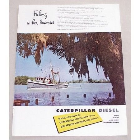 1949 Caterpillar Diesel Color Print Ad - Fishing Is Her Business
