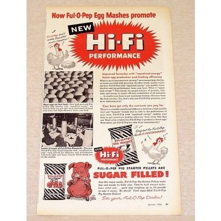1956 Ful-O-Pep Mashes Hi-Fi Pig Started Pellets Feed Chicken Pig Art Ad