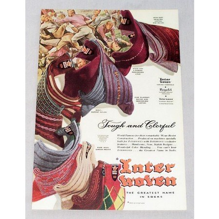 1947 Inter Woven Mens Socks Color Art Print Ad - Tough and Colorful