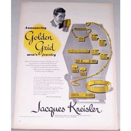 1948 Jacques Kreisler Golden Grid Mens Jewelry Color Print Ad