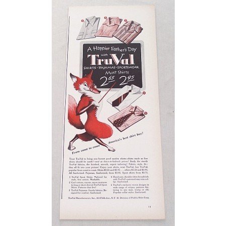 1948 TruVal Shirts Pajamas Sportswear Fox Animal Art Color Print Ad