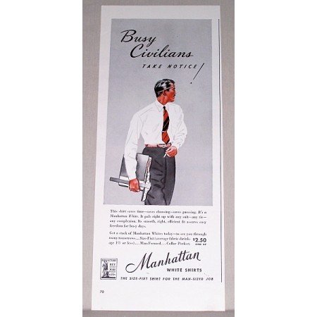1942 Manhattan White Shirts Color Print Ad - Busy Civilians