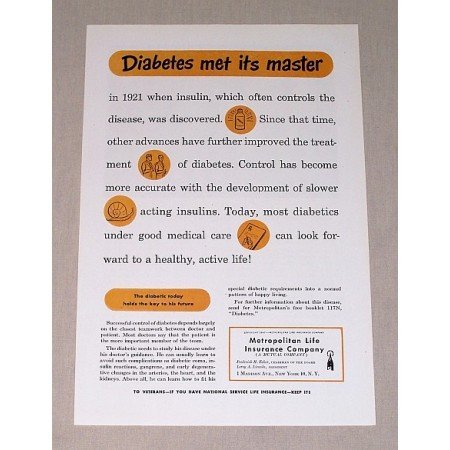 1947 Metropolitan Life Insurance Color Print Ad - Diabetes met its Master