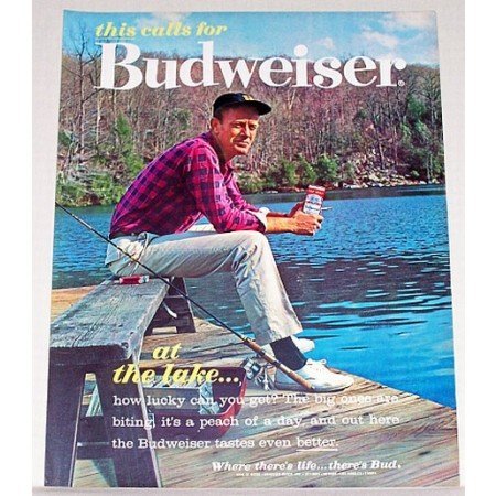 1962 Budweiser Beer Outdoors Fishing Color Print Ad - At The Lake