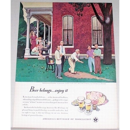 1947 Beer Belongs Series #7 Horseshoe Pitching Art Color Print Ad