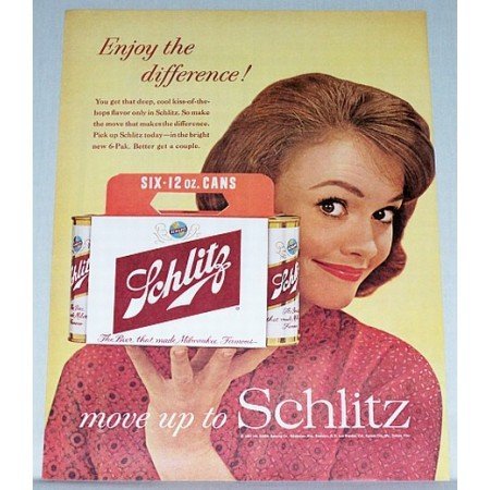 1961 Schlitz Beer 6 Pack 12oz Cans Color Print Ad
