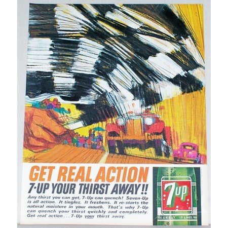 1963 7 Up Soda Soft Drink Racing Checkered Flag Art Color Print Ad - Get Real Action