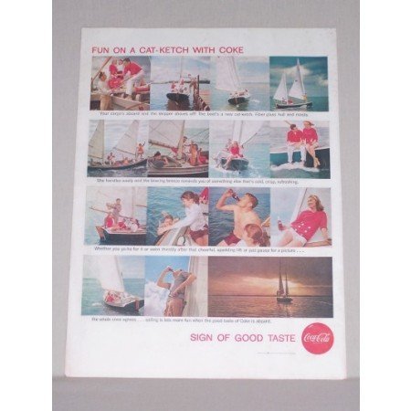 1958 Coca Cola Coke Sailboat Sailing Color Print Ad - Fun On A Cat Ketch