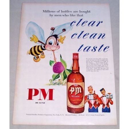 1950 PM Deluxe Blended Whiskey Bee Art Color Print Ad