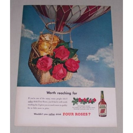 1949 Four Roses Blended Whiskey Hot Air Balloon Color Print Ad