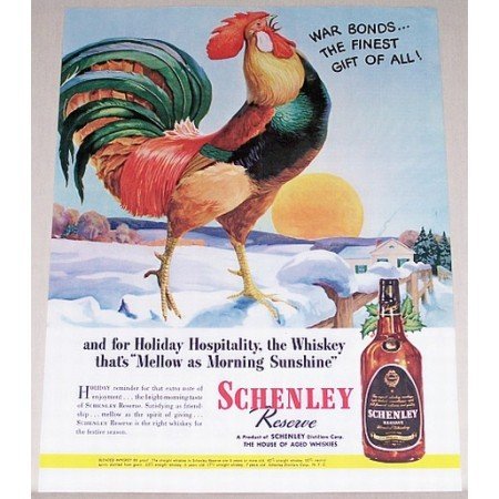 1944 Schenley Whiskey Winter Scene Rooster Art Color Print Ad