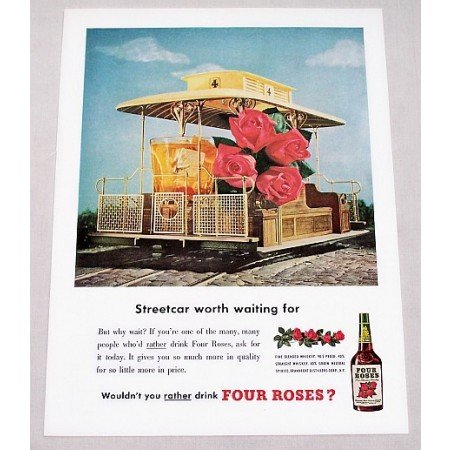 1949 Four Roses Whiskey Color Print Ad - Streetcar Waiting