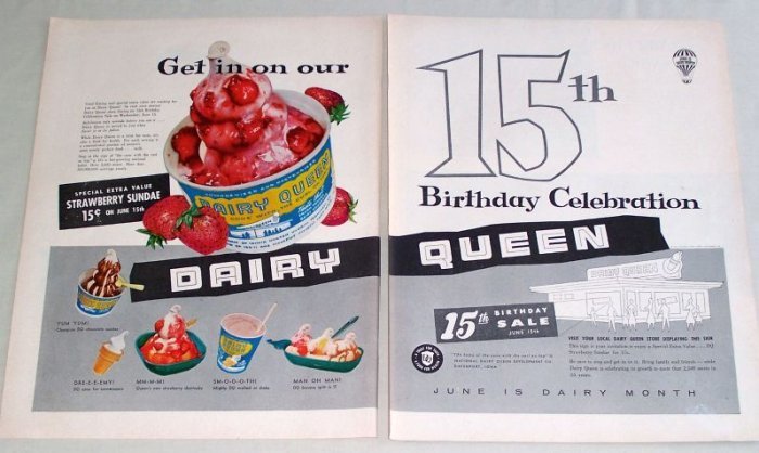 1955 Dairy Queen 15th Birthday Ice Cream Sundae Color 2 Page Print Ad