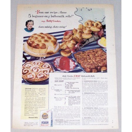 1949 Gold Medal Flour Buttermilk Rolls Recipe Color Print Ad