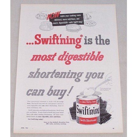 1953 Swift's Swift'ning Shortening Color Print Ad - Most Digestible