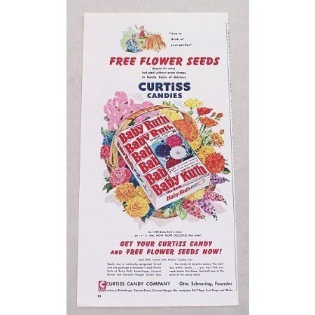1955 Curtiss Baby Ruth Candy Bars Free Flower Seeds Offer Color Print Ad