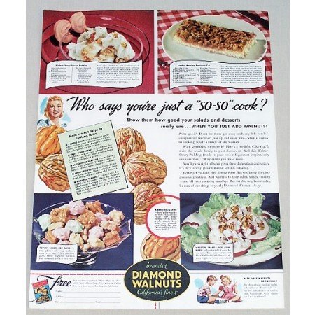 1941 Diamond Walnuts Color Print Ad - Just A So-So Cook?