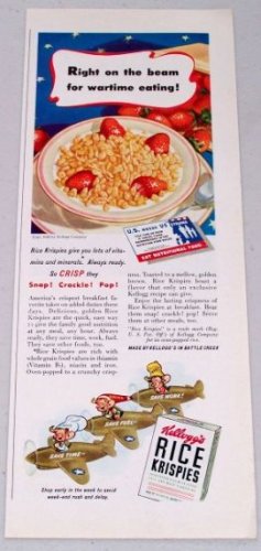 1943 Kellogg's Rice Krispies Cereal Vintage Wartime WWII Color Food Print Ad