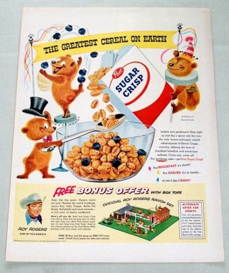 1955 Sugar Crisp Cereal ROY ROGERS RANCH SET OFFER Color Print Ad