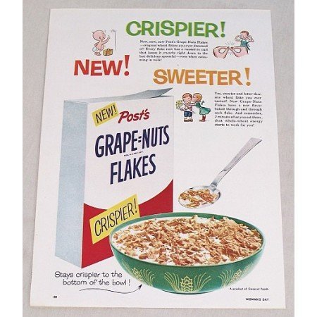 1954 Post's Grape Nuts Flakes Cereal Color Print Ad