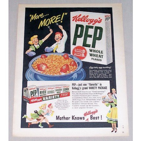 1949 Pep Whole Wheat Flakes Cereal Color Print Ad