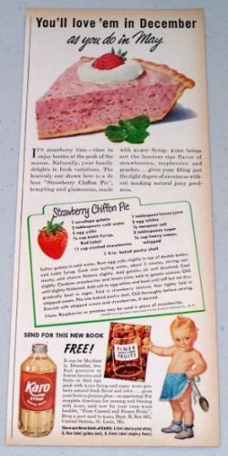 1949 Karo Syrup Strawberry Chiffon Pie Recipe Karo Kid Color Food Print Ad