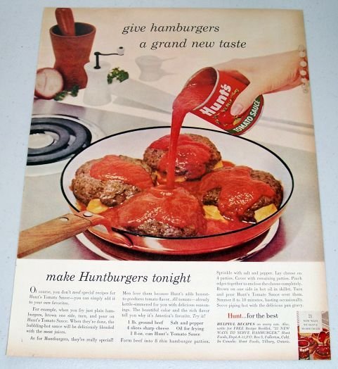 1960 Hunt's Tomato Sauce Huntburgers Recipe Color Print Ad