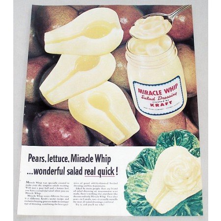 1956 Miracle Whip Salad Dressing Pears Color Print Ad