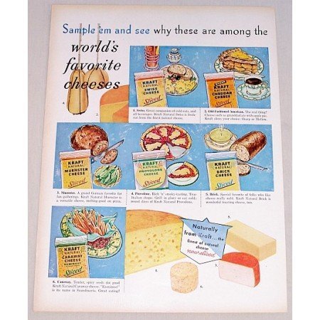 1958 Kraft Assorted Cheese Color Print Ad - World's Favorite