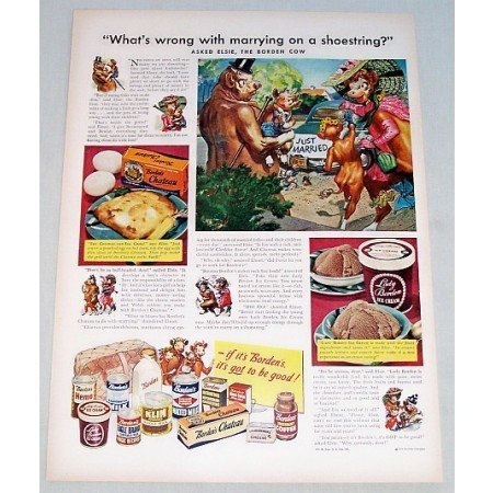 1948 Borden's Products Elsie Cow Art Color Print Ad - Marrying On A Shoestring?