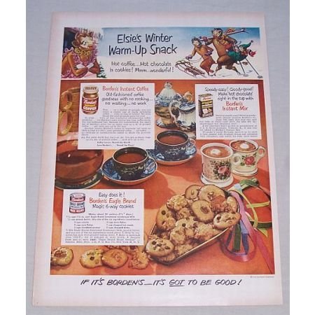 1950 Borden's Products Color Print Ad - Elsie's Winter Warm Up Snack