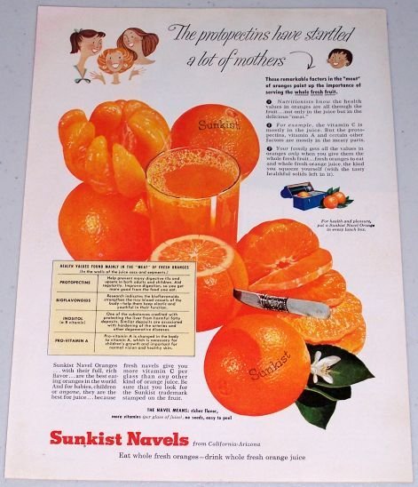 1955 Sunkist Navel Oranges Color Art Fruit Print Ad