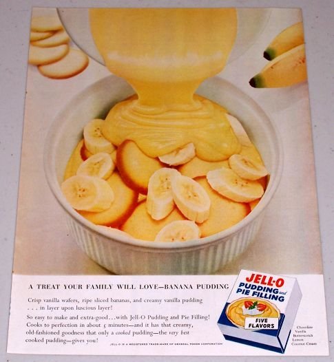 1955 Jello Pudding Pie Filling Banana Pudding Color Print Ad