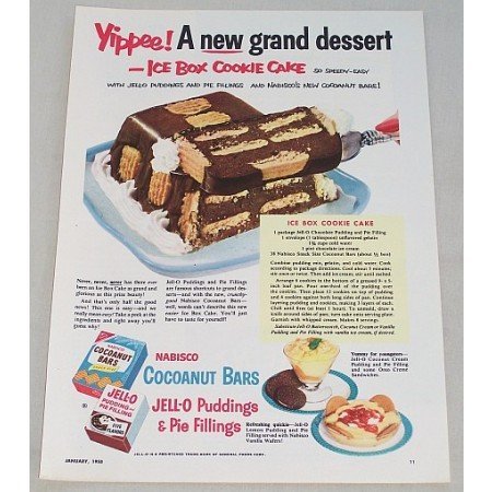 1953 Jello Pudding Nabisco Bar Ice Box Cake Recipe Color Print Ad