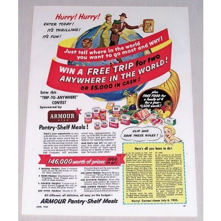 1952 Armour Pantry Shelf Meals Contest Color Print Ad