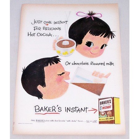 1956 Baker's Instant Chocolate Mix Color Art Print Ad