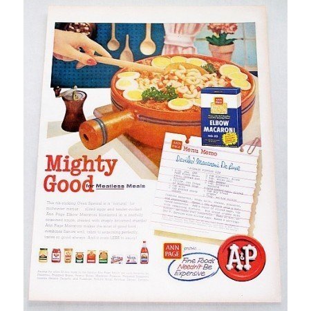 1956 A&P Elbow Macaroni Deviled Mac Deluxe Recipe Color Print Ad