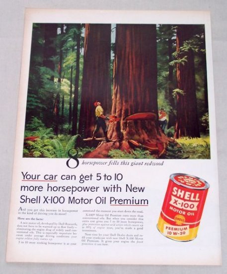 1955 Shell X100 Motor Oil Color Logging Redwood Art Vintage Color Print Ad