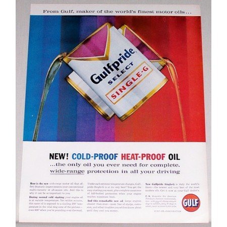 1960 Gulf Oil Select Single G Oil Can Color Print Ad