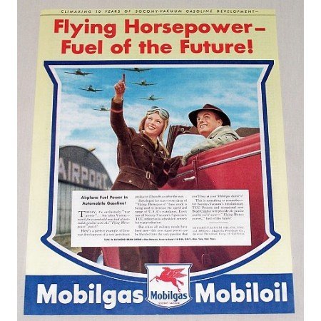 1944 Mobil Gas Oil Aviation Airport Wartime Vintage Color Print Ad