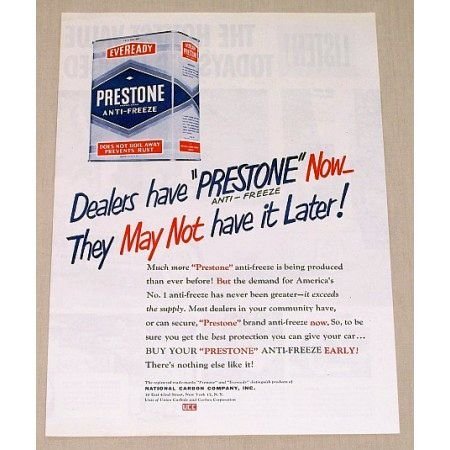 1949 Prestone Anti-Freeze Vintage Color Print Ad