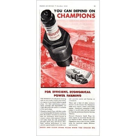 1938 Champion Spark Plugs Vintage Color Print Ad - Power Farming