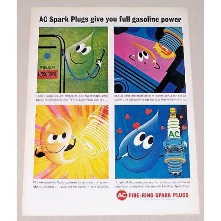 1963 AC Fire Ring Spark Plugs Art Vintage Color Print Ad - Full Gas Power