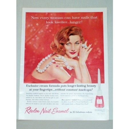 1957 Revlon Nail Enamel Color Print Ad - Woman In Pearls