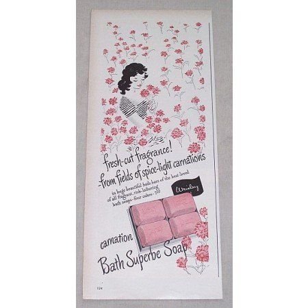 1946 Wrisley Carnation Bath Superbe Soap Vintage Color Print Ad