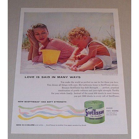 1957 ScotTissue Toilet Tissue Color Print Ad - Baby On Beach