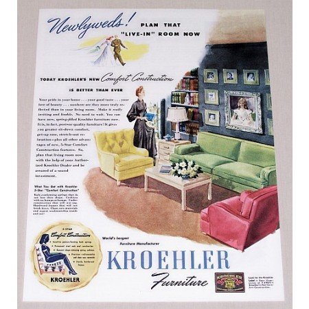 1945 Kroehler Living Room Furniture Color Print Ad - Newlyweds